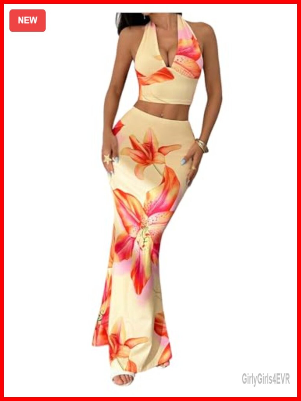 Women 2 Piece Halter Crop Tank Top Maxi Skirt Set Sleeveless Vacation Outfit